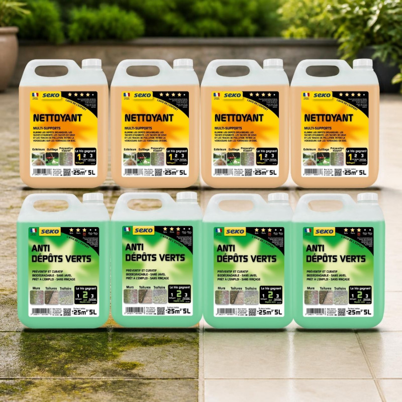 Pack 8 bidons 5L : 4 nettoyants multi-supports + 4 anti dépôts verts